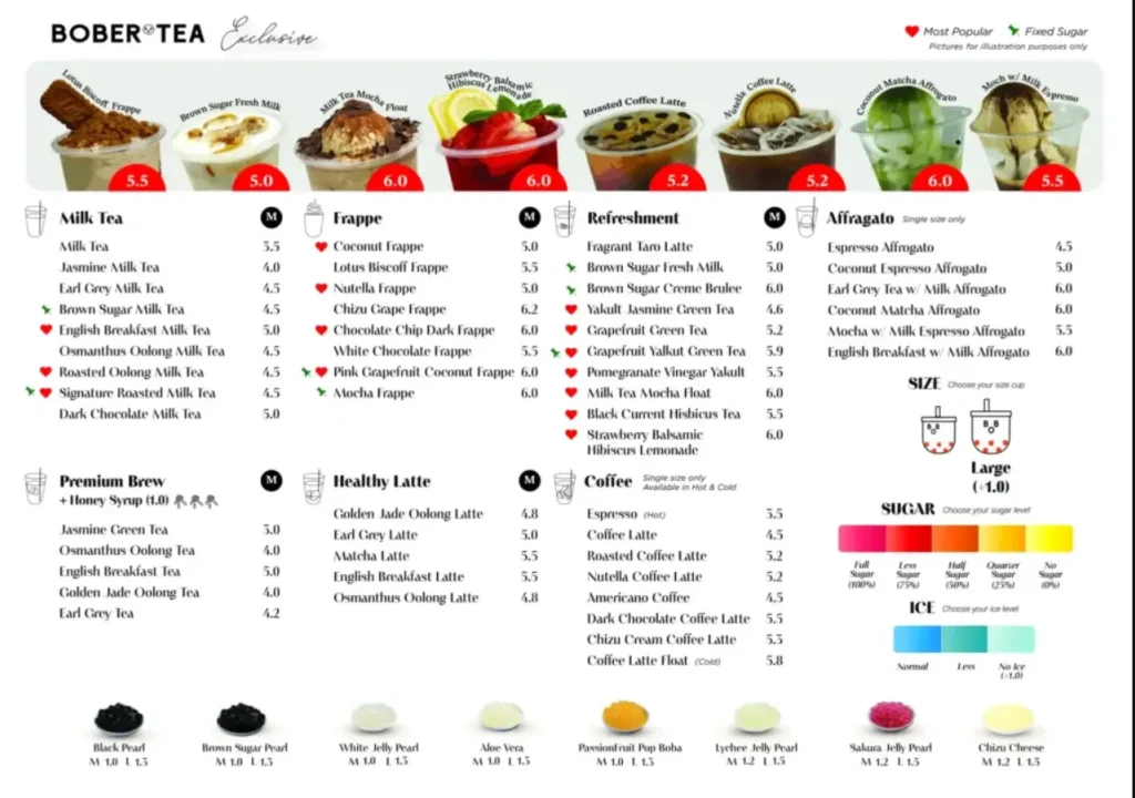 BOBER TEA MENU SINGAPORE